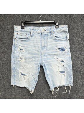 American Eagle Shorts Mens 33 Air FLEX+ Distressed Blue Cut Off Denim Jean